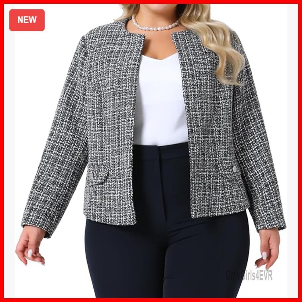 Plus Size Tweed Blazer Collarless Open Front Business Casual Jacket